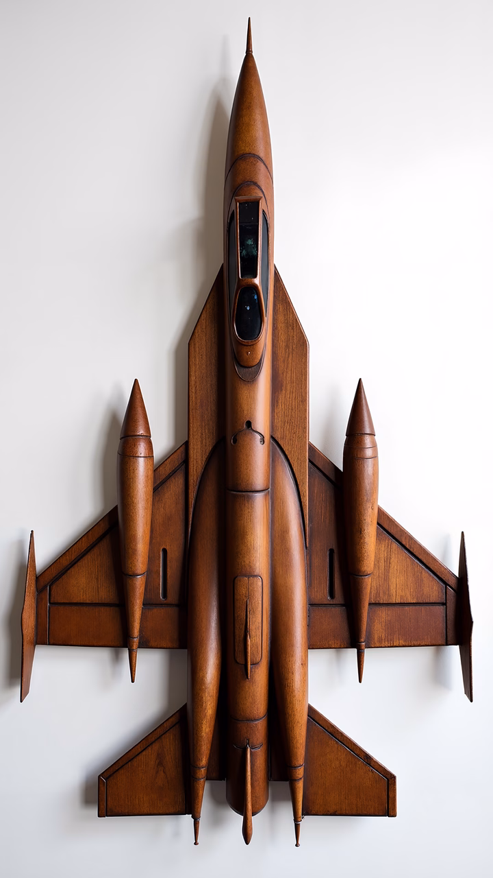Detailed wooden sculpture of a fighter jet, highlighting craftsmanship and aerodynamics.