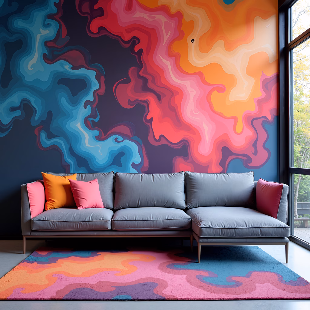 Bold abstract mural in a modern living room with colorful furniture and rugs.