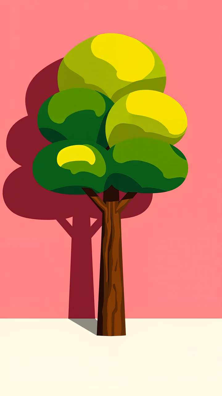 Vibrant abstract tree illustration with bold colors and simple design.