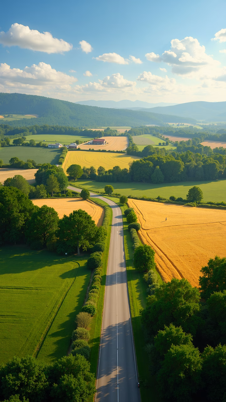 Aerial view of a tranquil rural road surrounded by green fields and golden wheat.