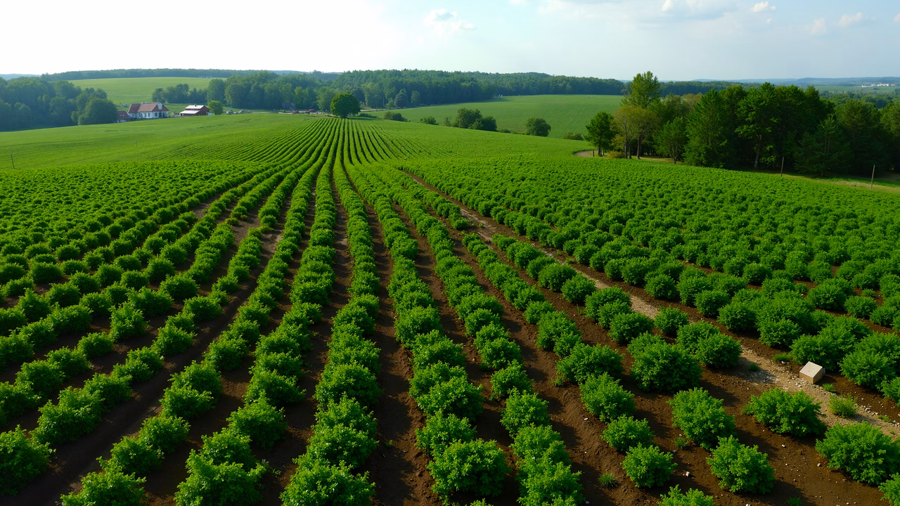 Aerial shot of lush green fields and rural scenery.