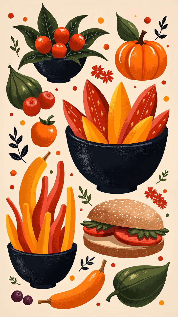Autumnal feast illustration featuring fresh produce and a burger in a cozy setting.