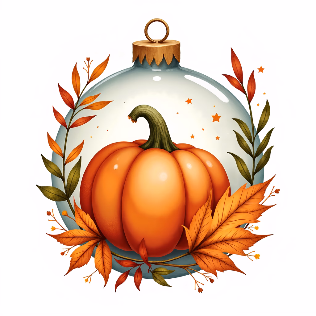 Whimsical autumn pumpkin ornament with colorful leaves and star accents.