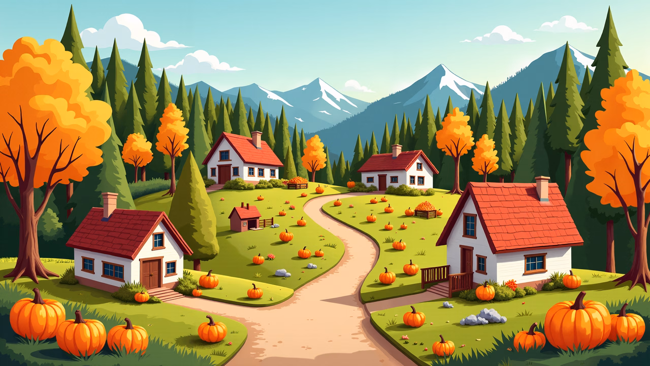 A charming autumnal village with colorful houses and pumpkins against a mountainous backdrop.