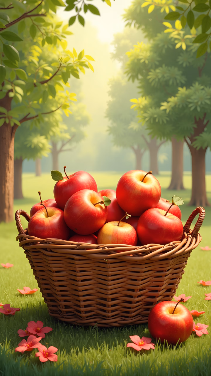 Brightly colored apples in a wicker basket amidst a verdant forest setting.