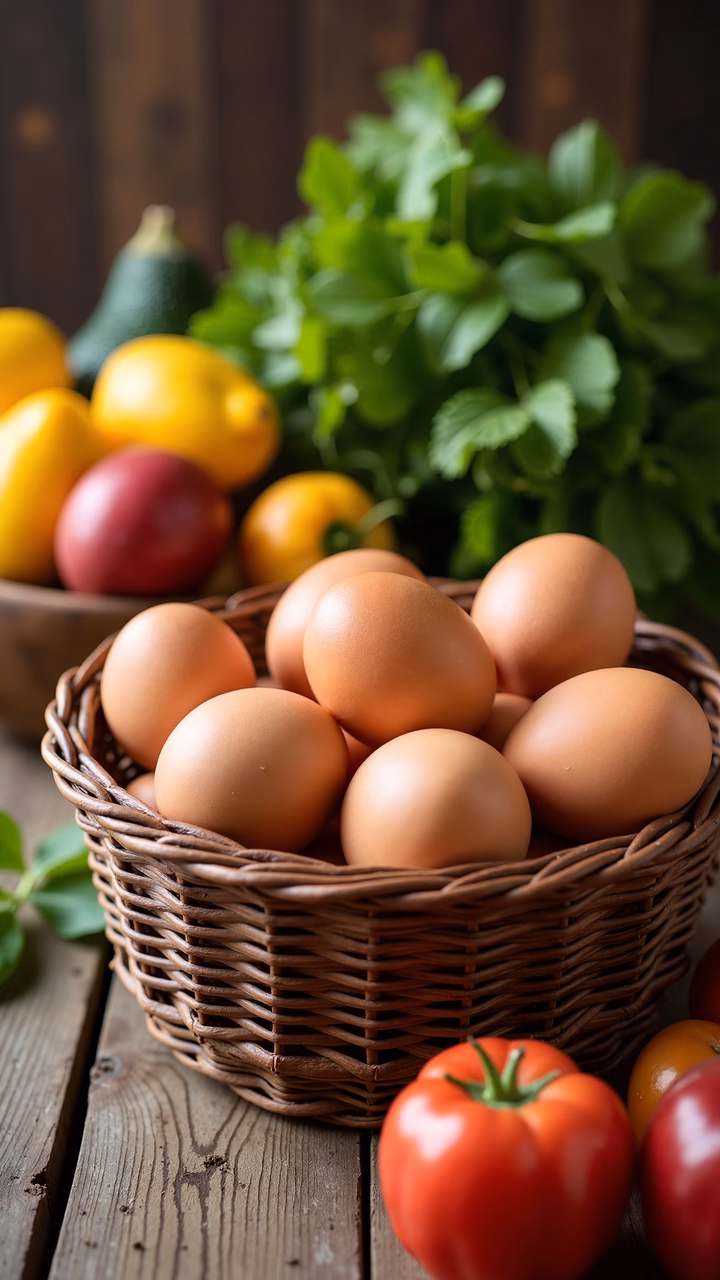 Fresh eggs and vegetables in a rustic setting, perfect for food photography enthusiasts.