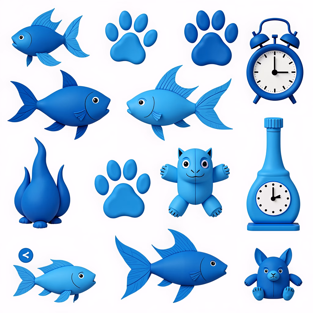 Bright blue cartoon illustrations for kids, featuring fish, paw prints, and a cat.