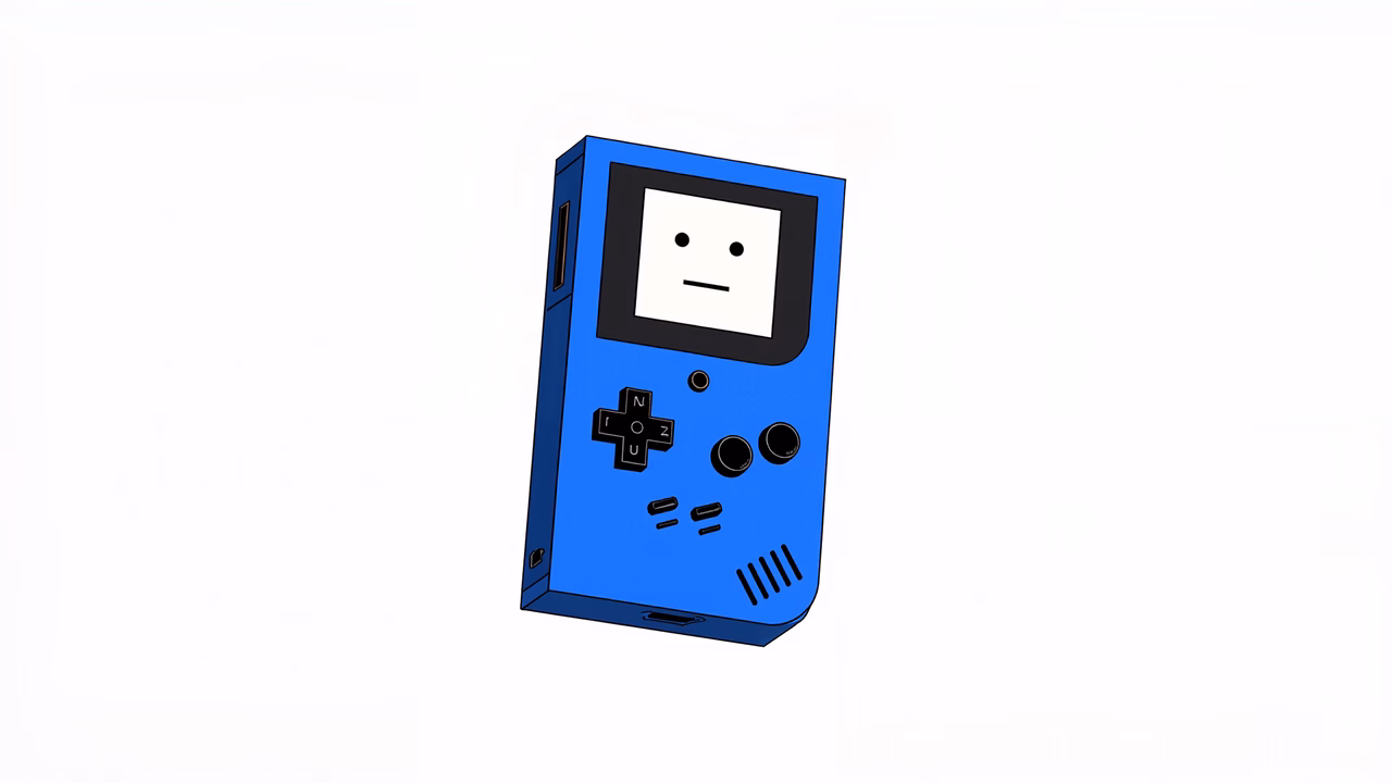 Stylized blue game console with minimalist design and nostalgic appeal.