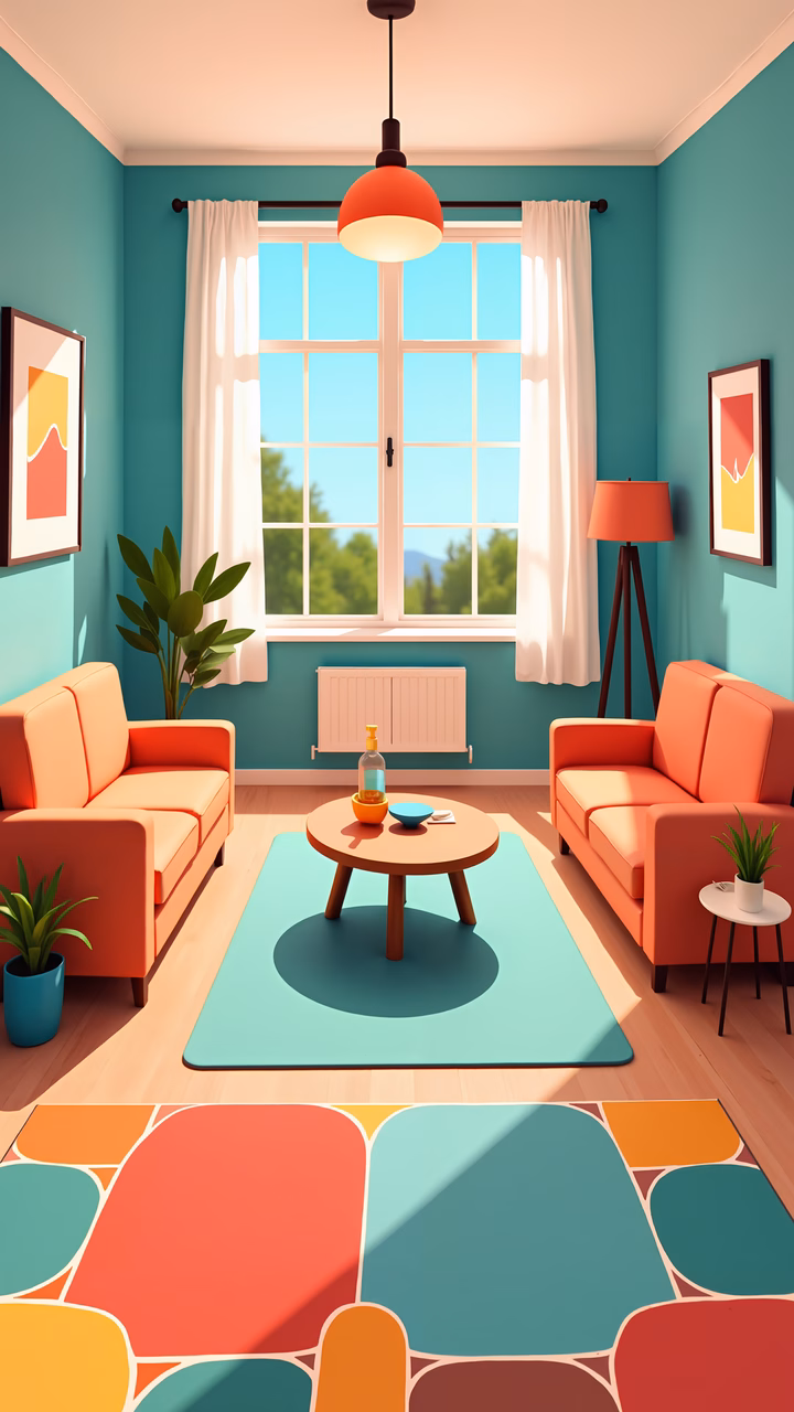 A bright and colorful living room scene with teal walls and orange furniture.