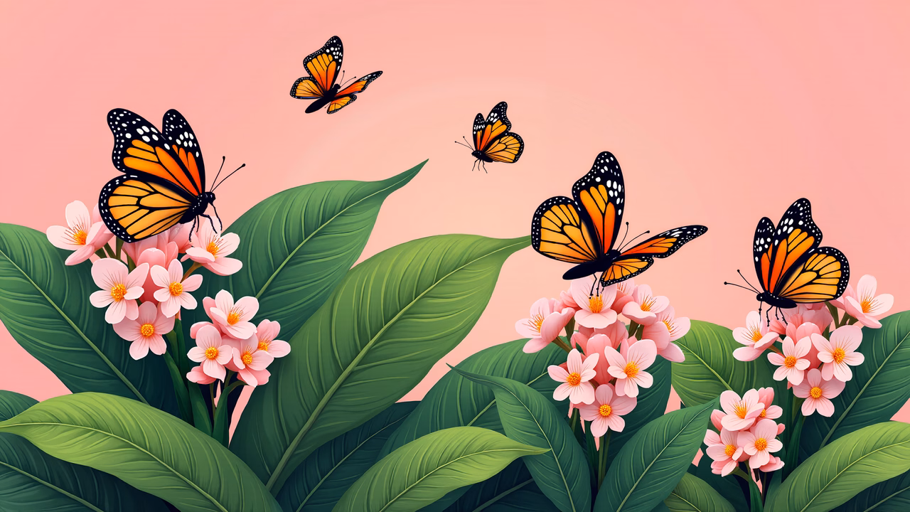 Vibrant butterflies and blossoms in a cheerful nature scene.