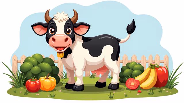 Cartoon Cow with Vegetables