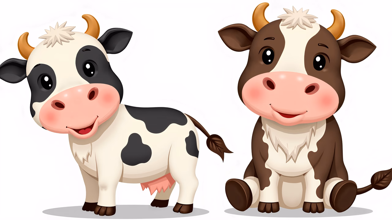 Two cute cartoon cows in a playful pose, perfect for children’s art.