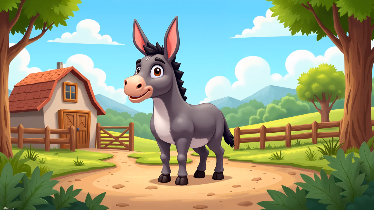 A cheerful donkey in a picturesque rural landscape.