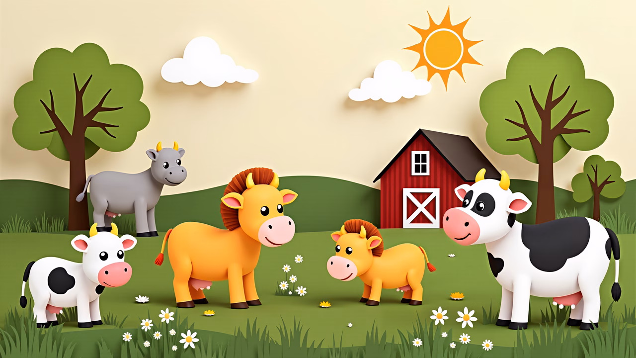 Cute farm animals in a sunny, pastoral setting.