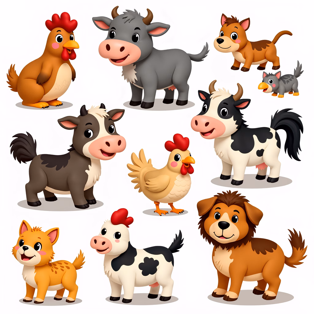Cute cartoon farm animals with friendly expressions and vibrant colors, ideal for children's art.