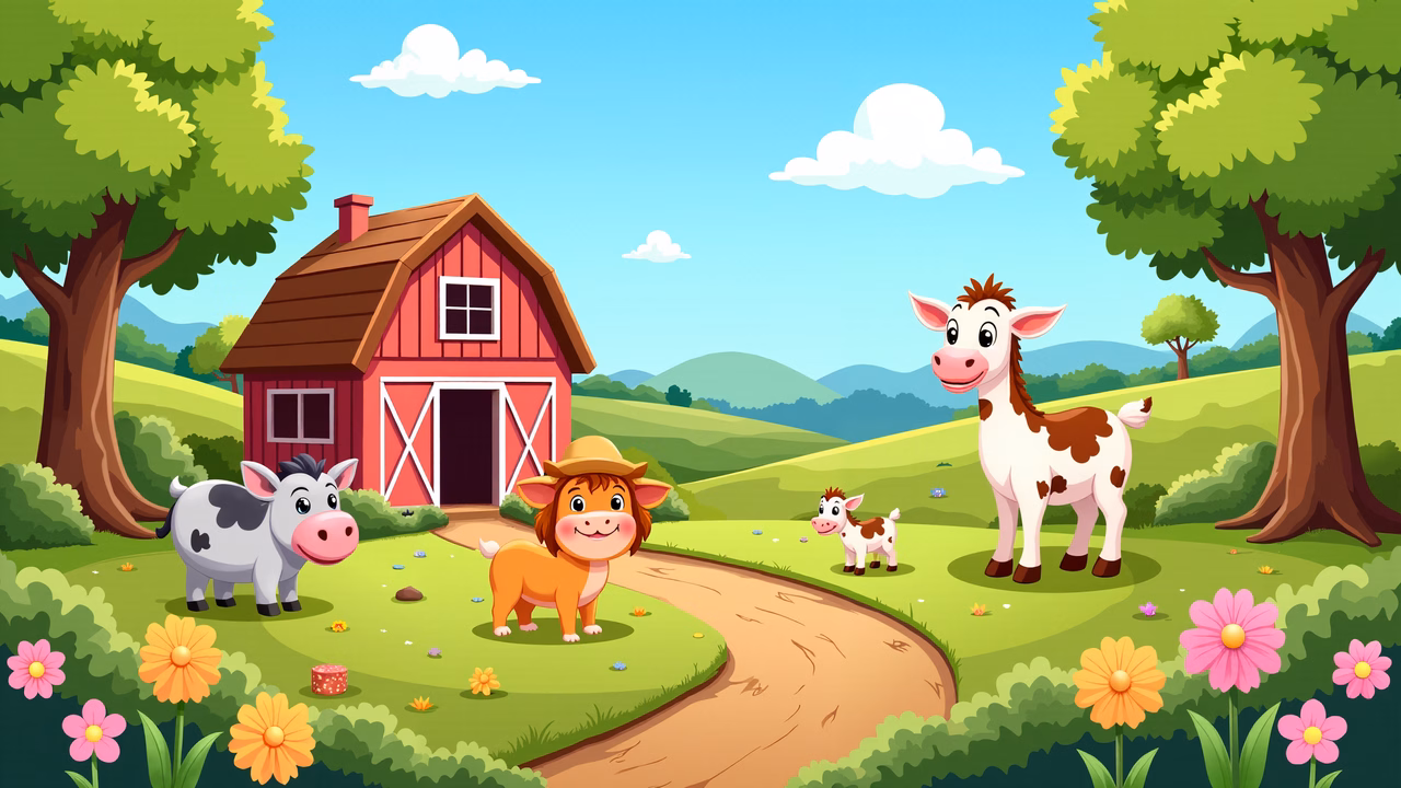 A whimsical farm scene with cows, calves, and a barn in a colorful, cartoonish style.
