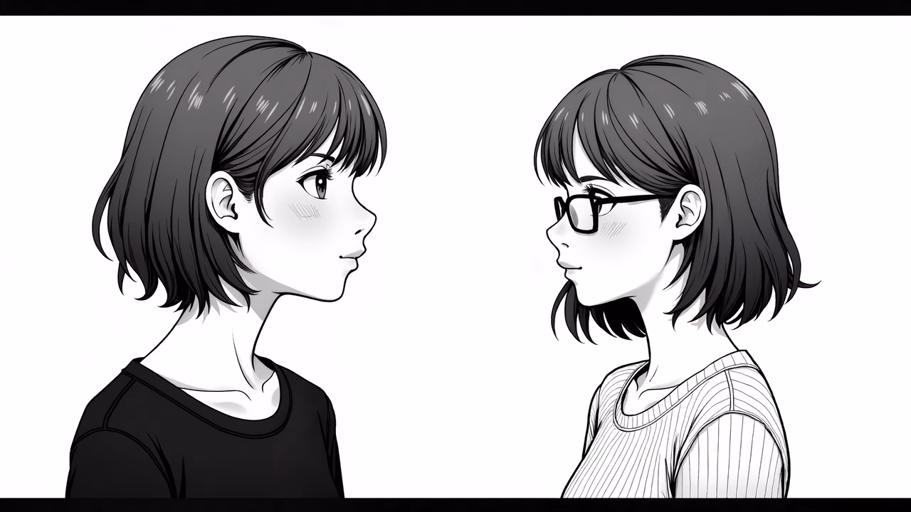 两个人物的侧面肖像，黑白插画风格。