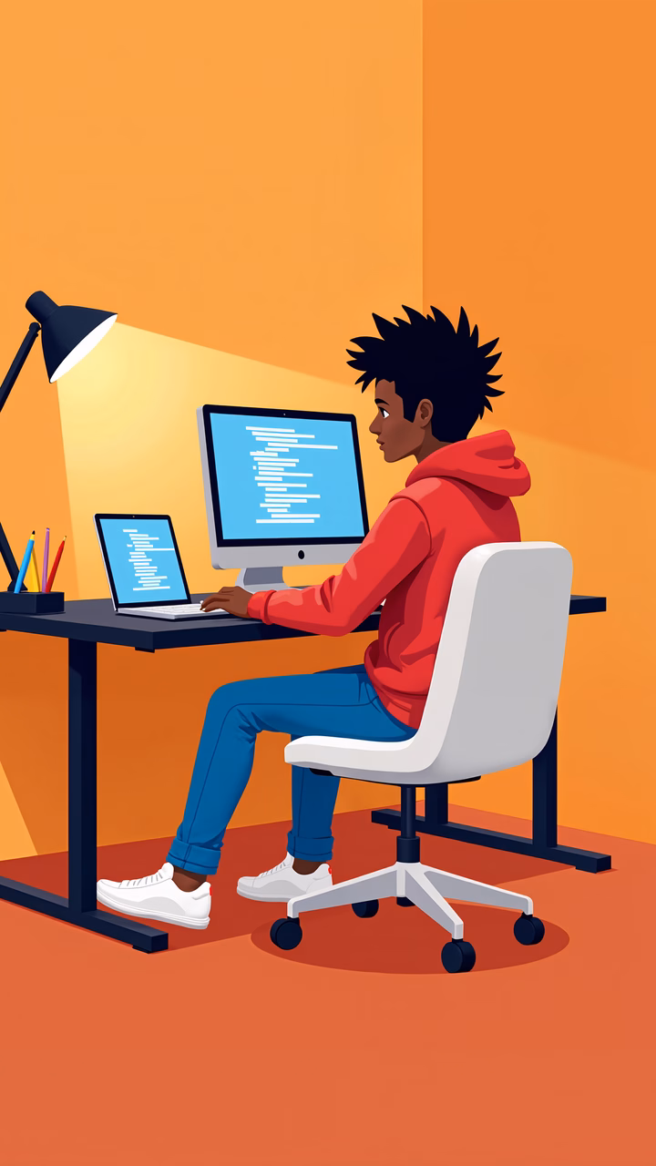 A young coder immersed in their work, surrounded by technology and a warm, inviting workspace.
