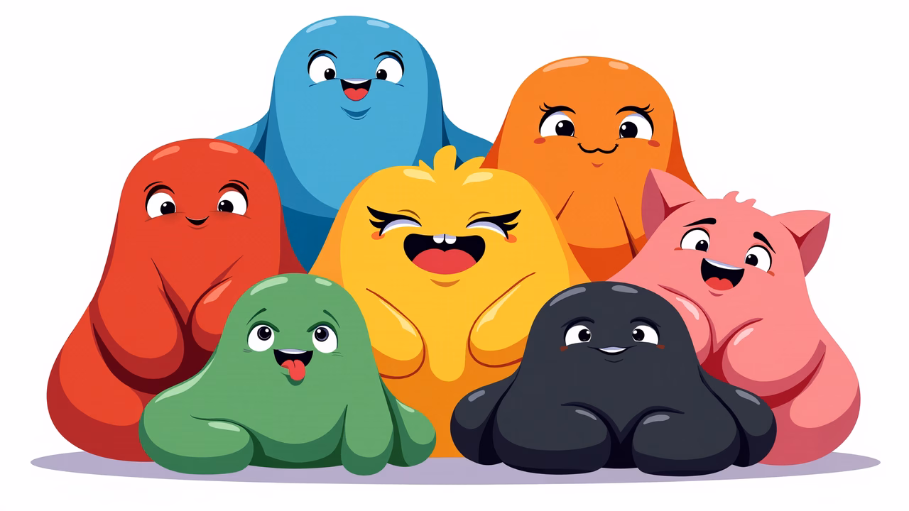 Brightly colored, cartoonish characters with playful expressions and a joyful atmosphere.