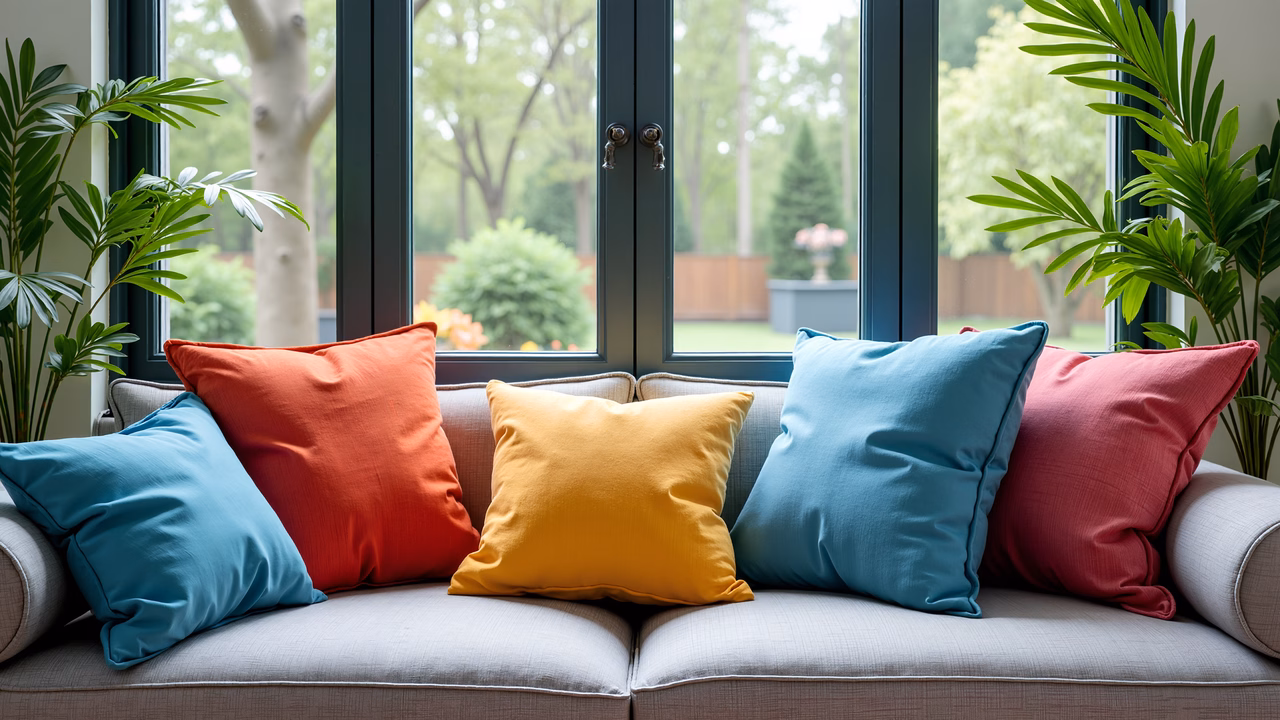 Brightly colored cushions on a sofa, bringing warmth and vibrancy to the interior space.