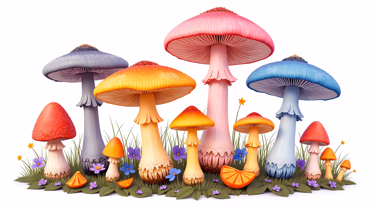 Whimsical mushrooms in vibrant colors, set amidst a lush garden.