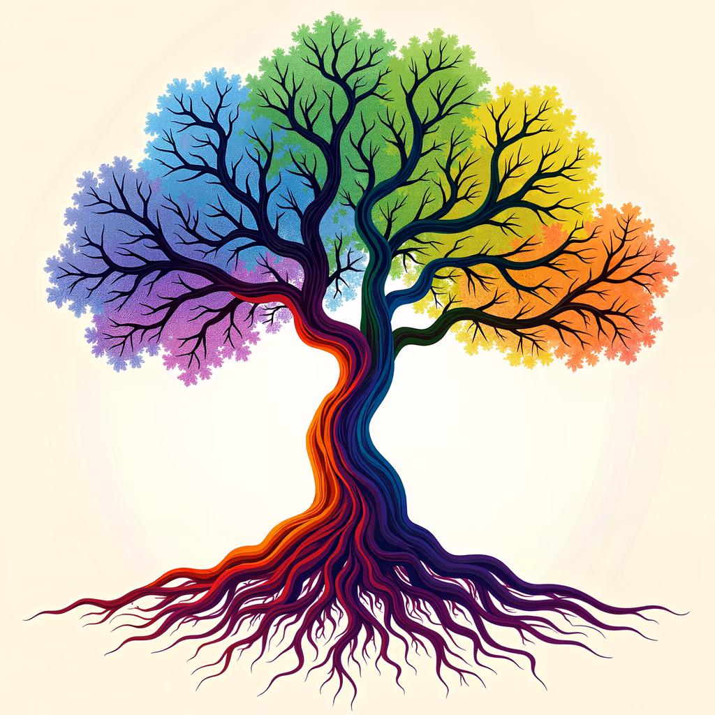 A colorful, stylized tree illustration with a spectrum of hues and textured leaves.
