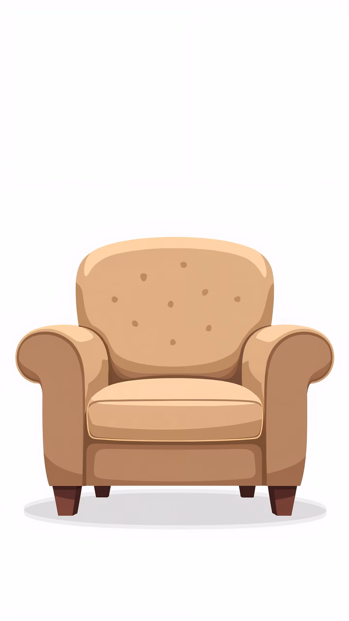 Illustrated armchair with beige upholstery and rounded design for comfort and relaxation.