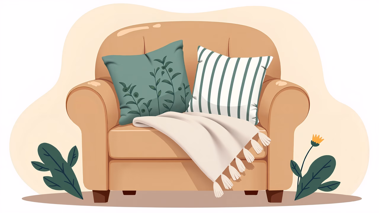 A cozy armchair with floral and striped pillows, surrounded by plants and a blanket, creating a warm and inviting interior design scene.