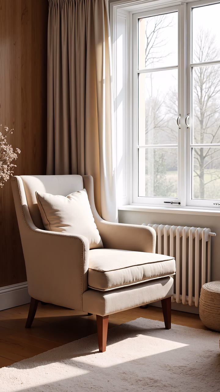 A comfortable armchair in a softly lit room, perfect for relaxation.