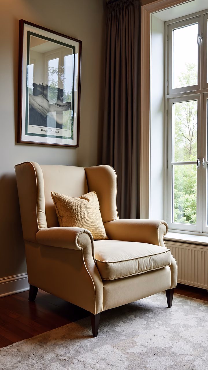 A serene wingback chair in a well-lit interior space, perfect for relaxation.
