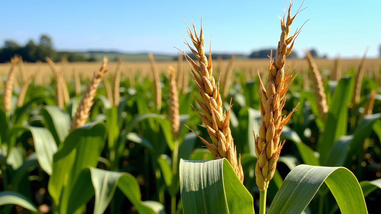 Close-up of sunlit corn stalks against a serene blue sky.