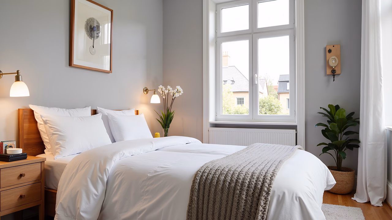 A peaceful bedroom with crisp white linens and soft lighting.
