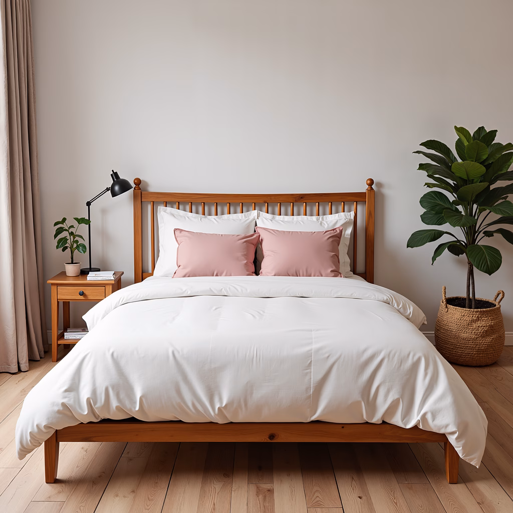 A cozy bedroom retreat with wooden furniture and soft lighting.