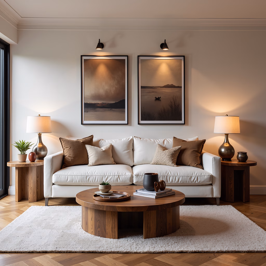 A warm and inviting living room with neutral tones and natural wood accents.