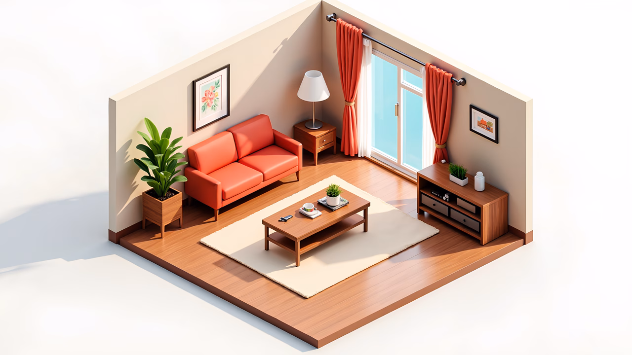 A warm and inviting living room with red accents and natural light.