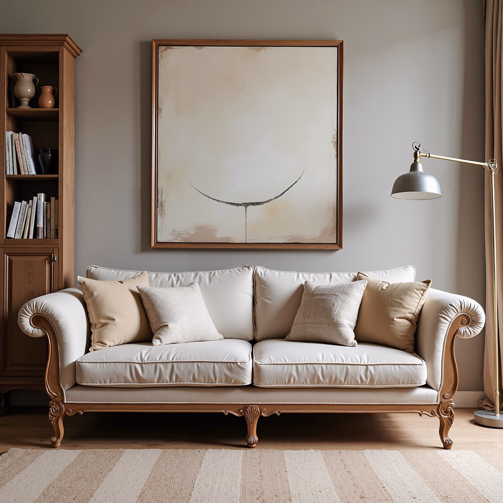 A tranquil living room with a cream sofa, abstract painting, and soft lighting.