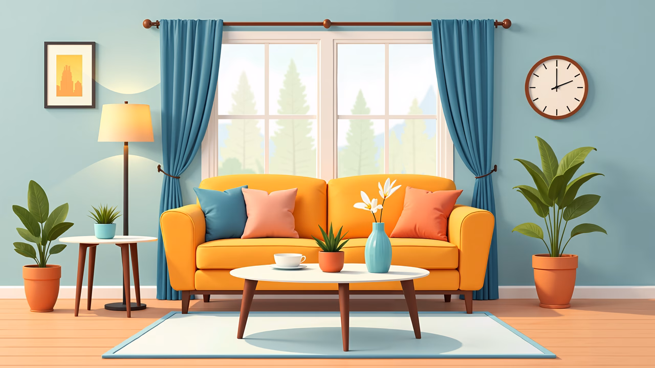 A cozy and inviting living room with a bright orange sofa and teal curtains, perfect for relaxation and warmth.