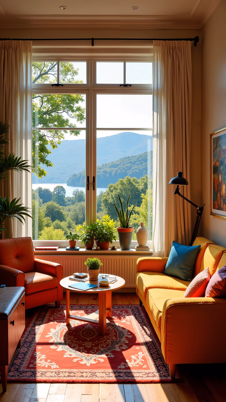 A warm and tranquil living room with a scenic view and vibrant decor.