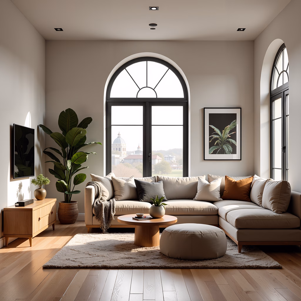 Modern living room with neutral tones, natural light, and greenery.