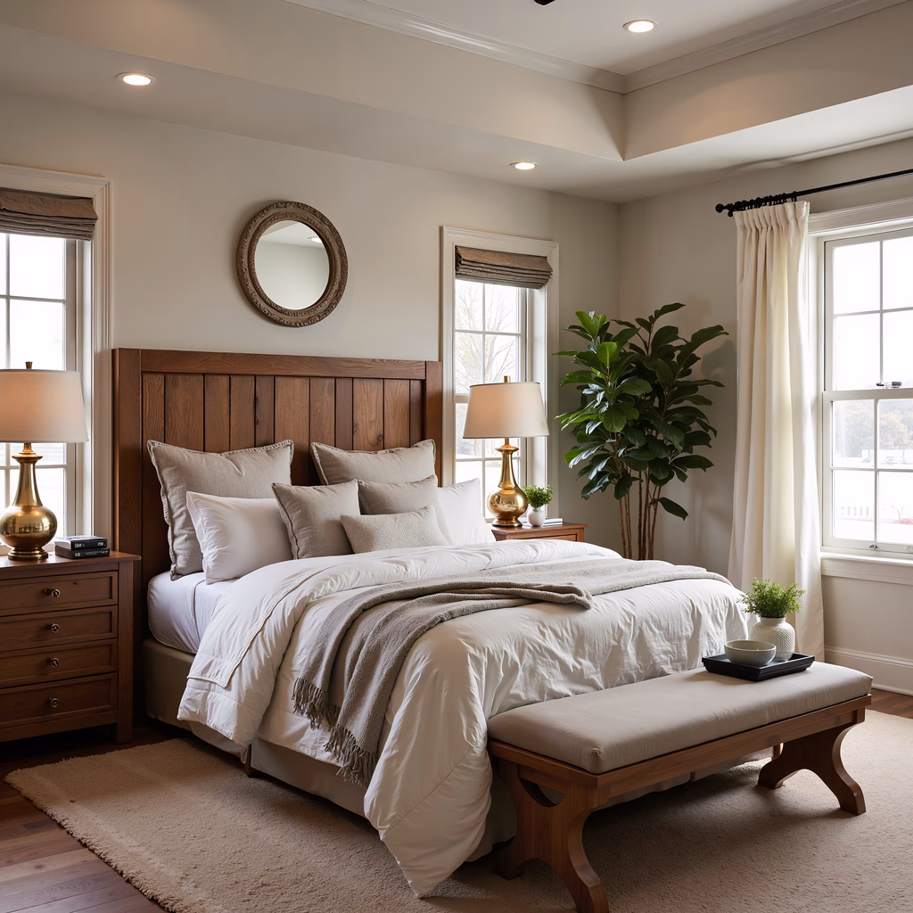 A cozy, neutral-colored bedroom featuring a wooden headboard, soft bedding, and natural light.