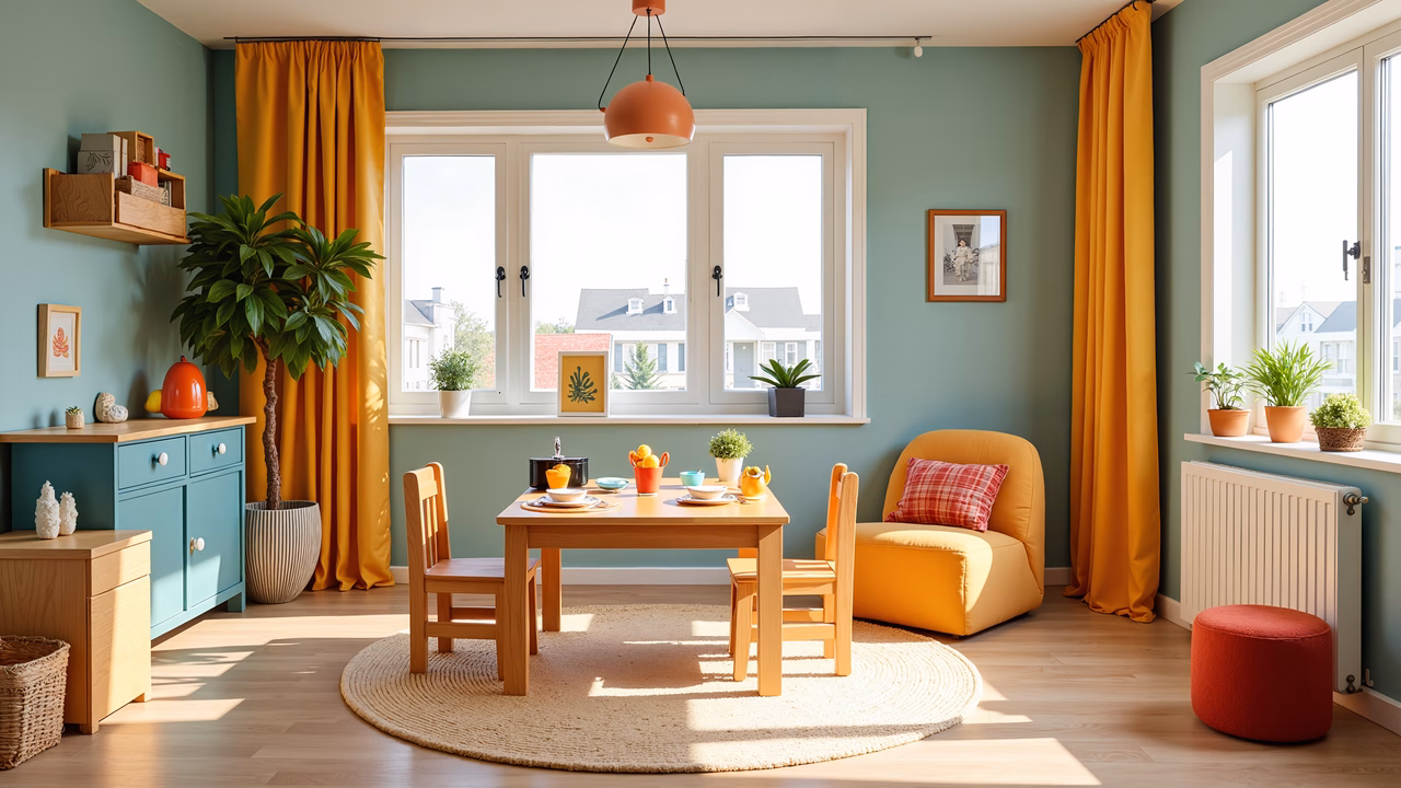 A charming pastel dining room with teal walls, orange curtains, and a wooden table set for a meal.