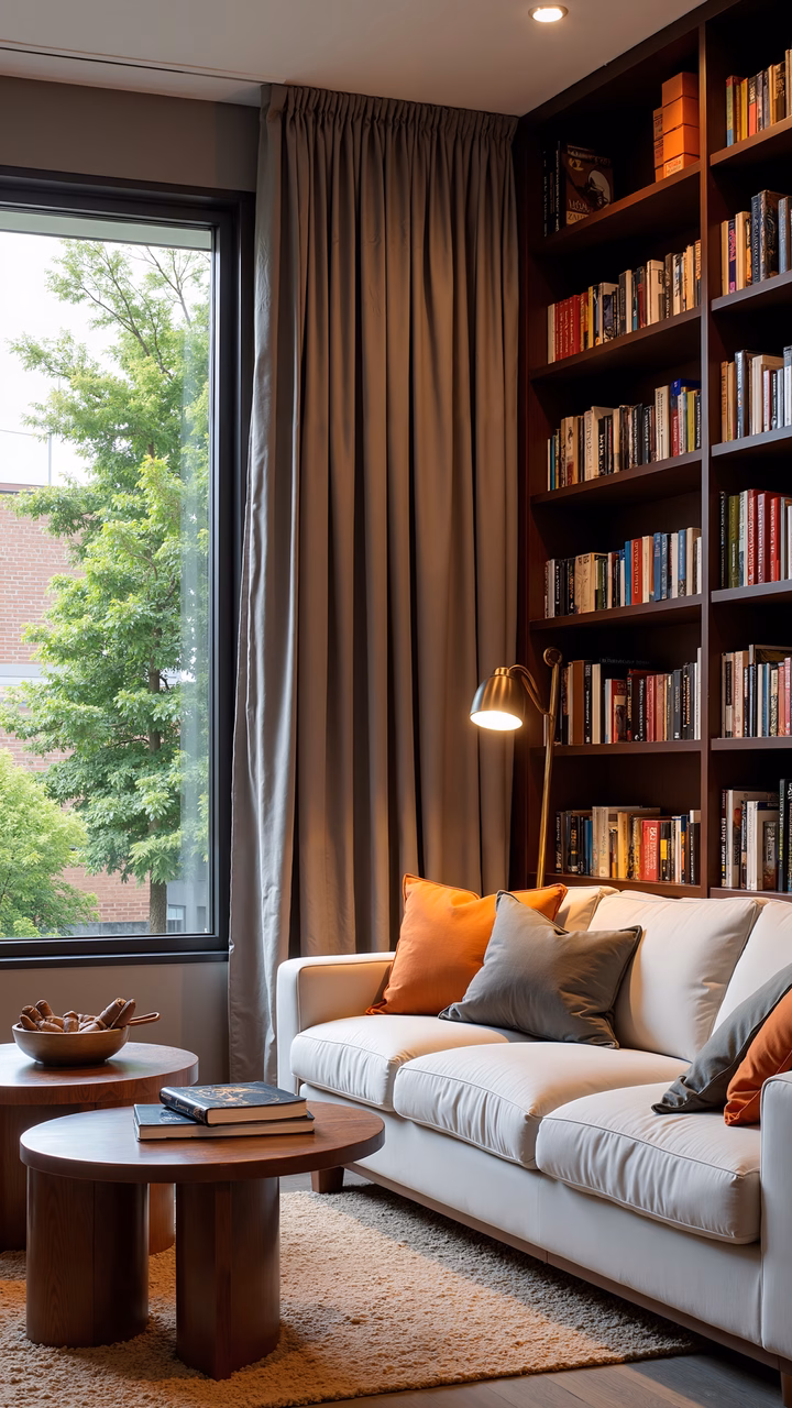 A cozy reading nook with a white sofa, orange cushions, and a wooden coffee table in a well-lit interior.