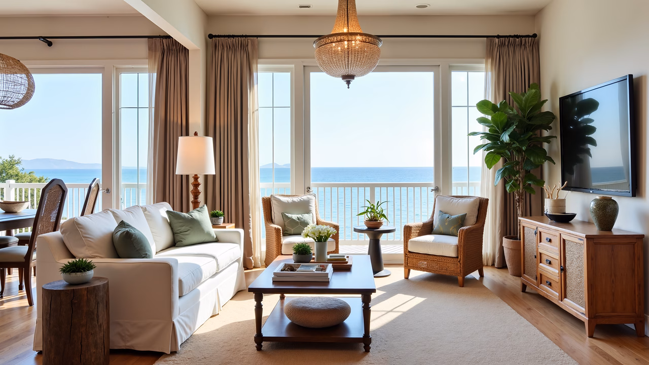 A cozy seaside living room with a neutral color palette and ocean view.