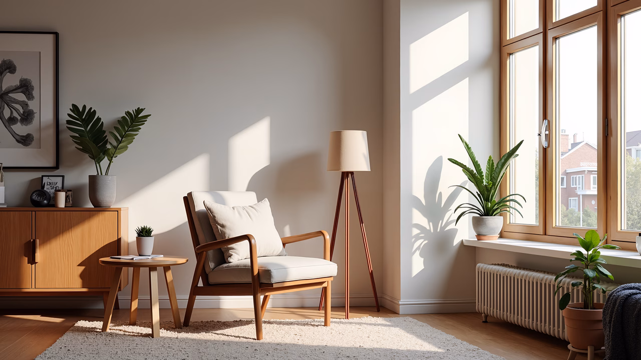 A peaceful living space illuminated by natural light, featuring a minimalist design with neutral colors and greenery.