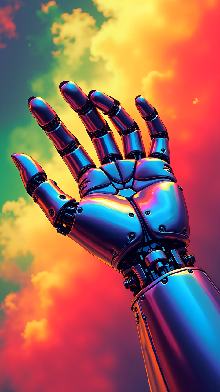 A cybernetic hand reaching into a colorful sky, blending technology with fantasy.