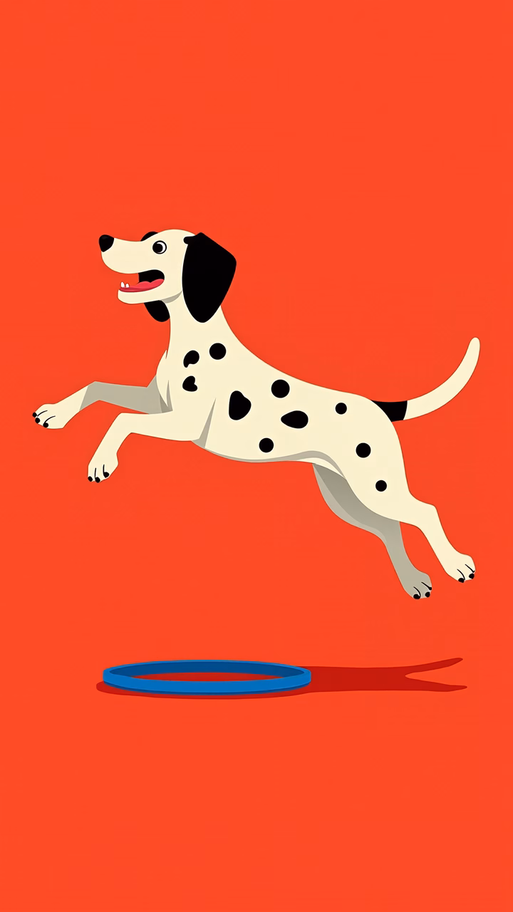 Playful Dalmatian chasing a frisbee on a red background.