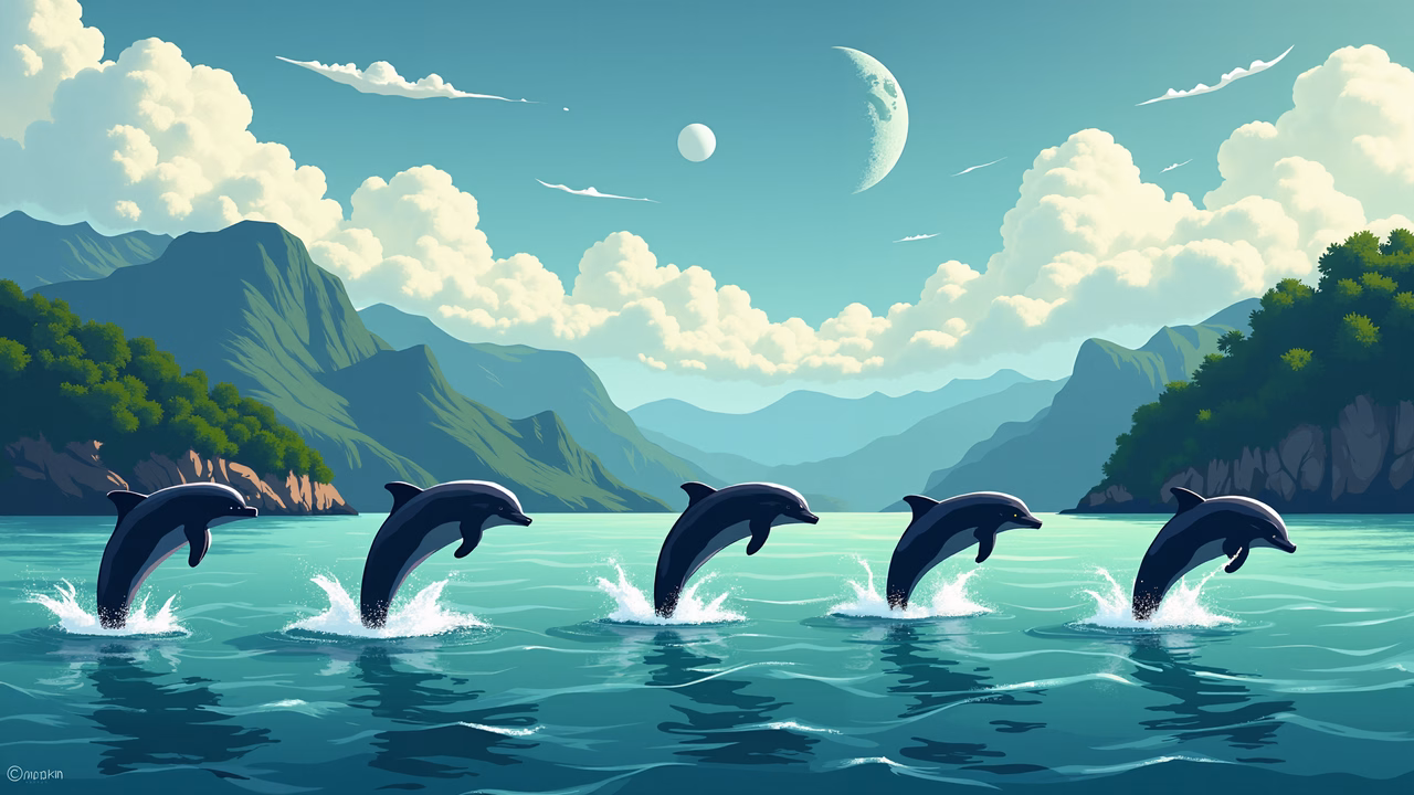 Five dolphins leaping in a serene natural setting, featuring lush mountains and a tranquil ocean under a crescent moon.