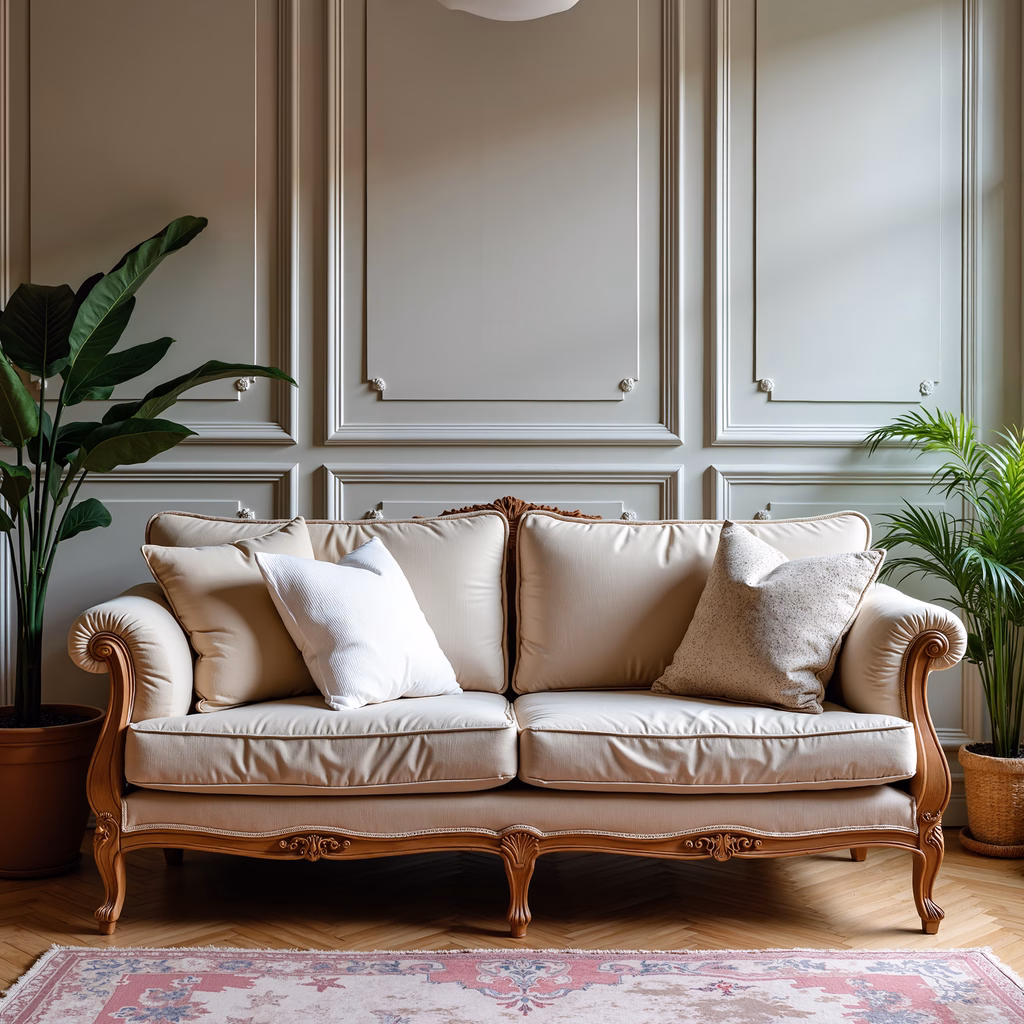 A cozy cream sofa with soft pillows in a stylish living room setting.