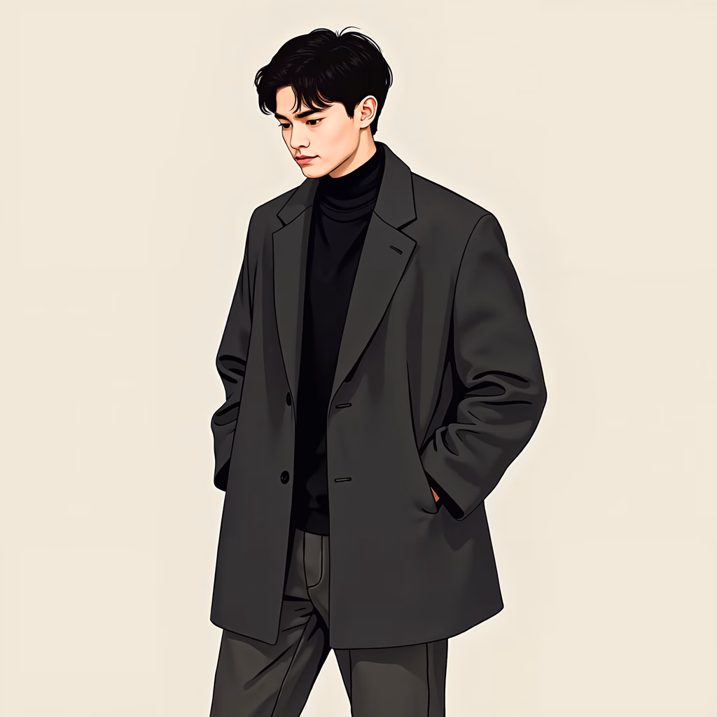 Elegant man in a black suit, sophisticated fashion illustration.