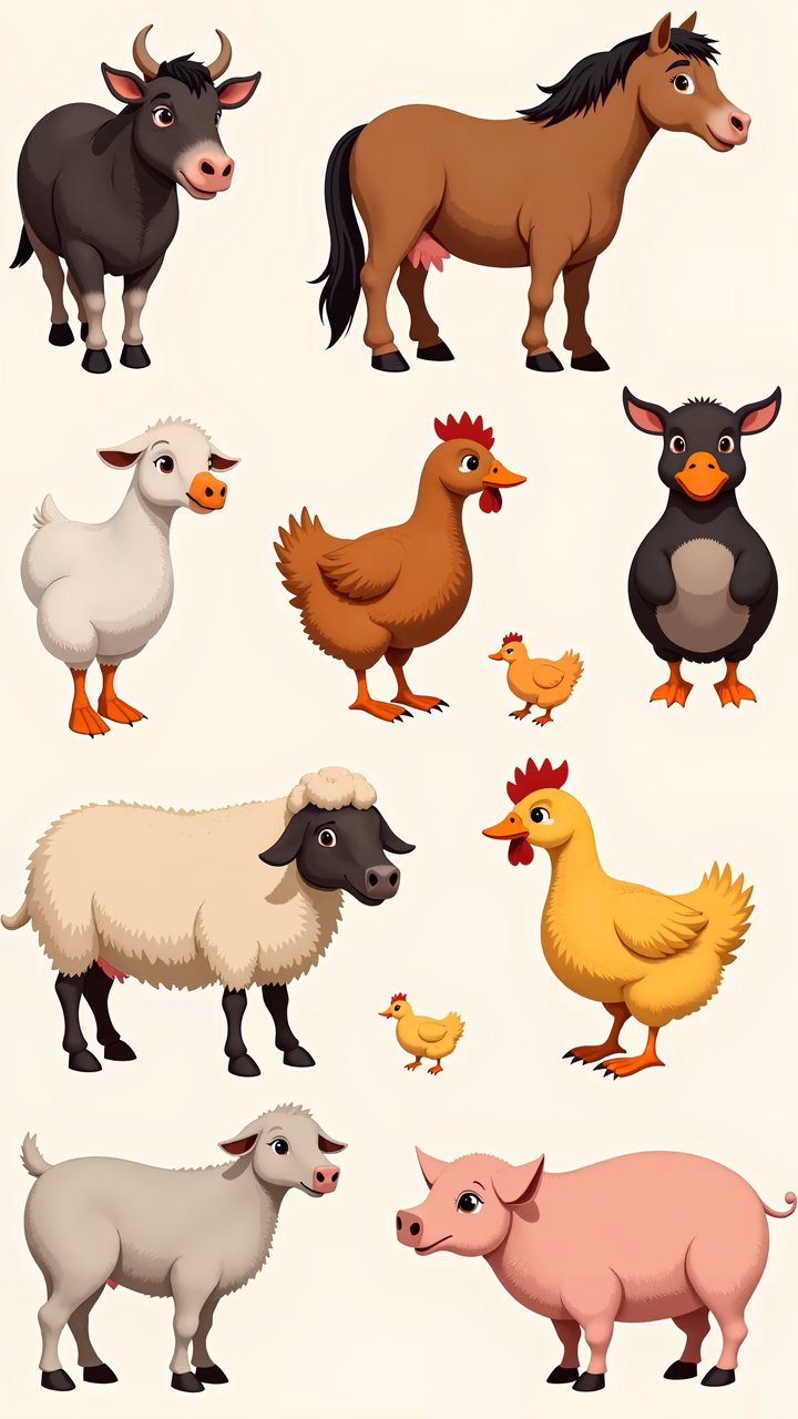 Colorful farm animal illustrations for kids.
